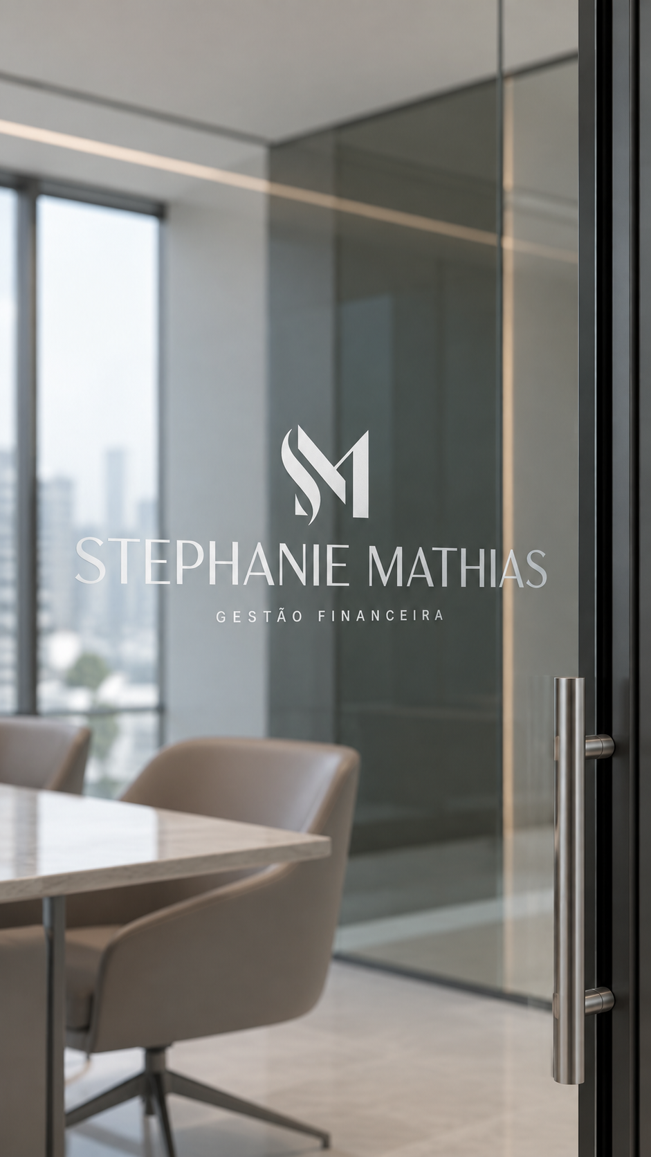 Identidade Stephanie Mathias aplicada ao vidro do escritório