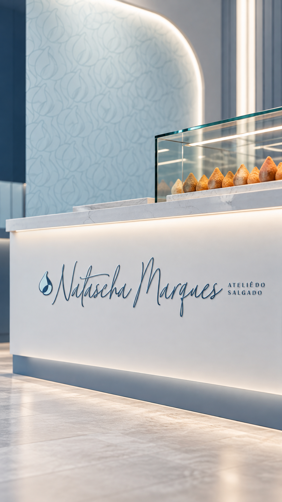 Marca Natascia Marques aplicada ao balcão do ateliê