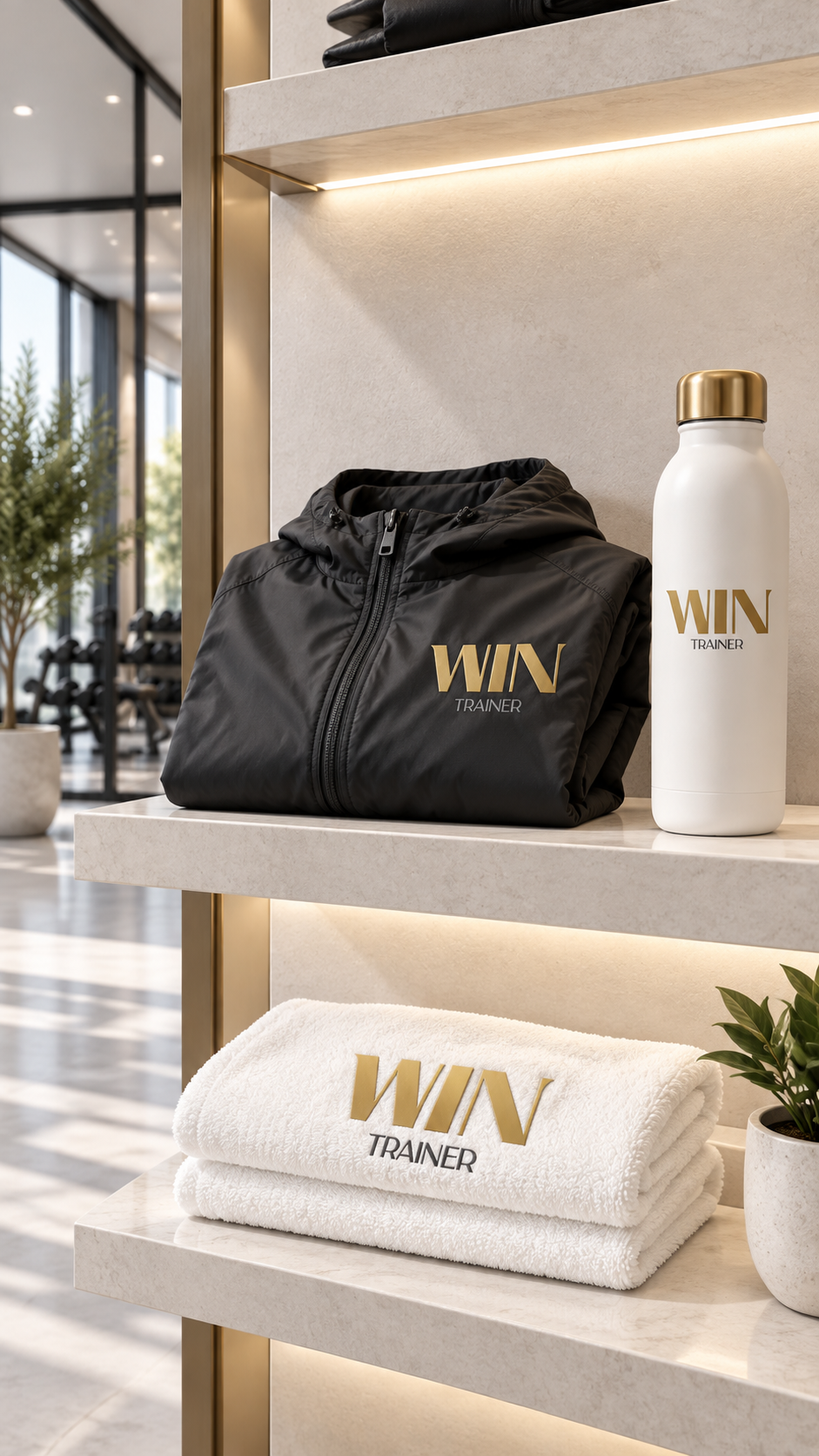 Identidade WIN TRAINER em jaqueta, garrafa e toalha